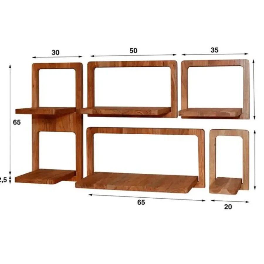 Wandplanken-Hoyz Collection - Wandschap Curvy - Massief Acacia Naturel - Set van 5