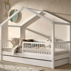 Kinderbedden-Vipack Huisbed Forrest 90x200cm met bedhekje en bedlade - wit beukenhout