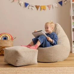 Zitzakken-icon - Dalton Kinderzitzak Stoel met Poef - Ribfluweel - Beige