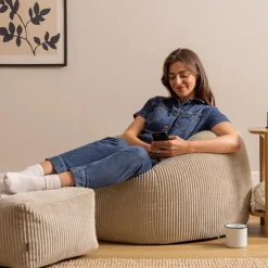 icon - Kingston XL Zitzak Fauteuil met Poef - Ribfluweel - Beige