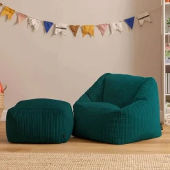 Zitzakken-icon - Natalia Kinderzitzak Stoel met Poef - Ribfluweel - Blauwgroen