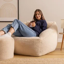 icon - Natalia XL Zitzak Fauteuil met Ronde Poef -Imitatiebont - Beige
