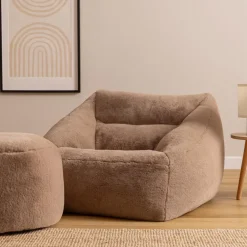 Zitzakken-icon - Natalia XL Zitzak Fauteuil met Ronde Poef - Imitatiebont - Mocha