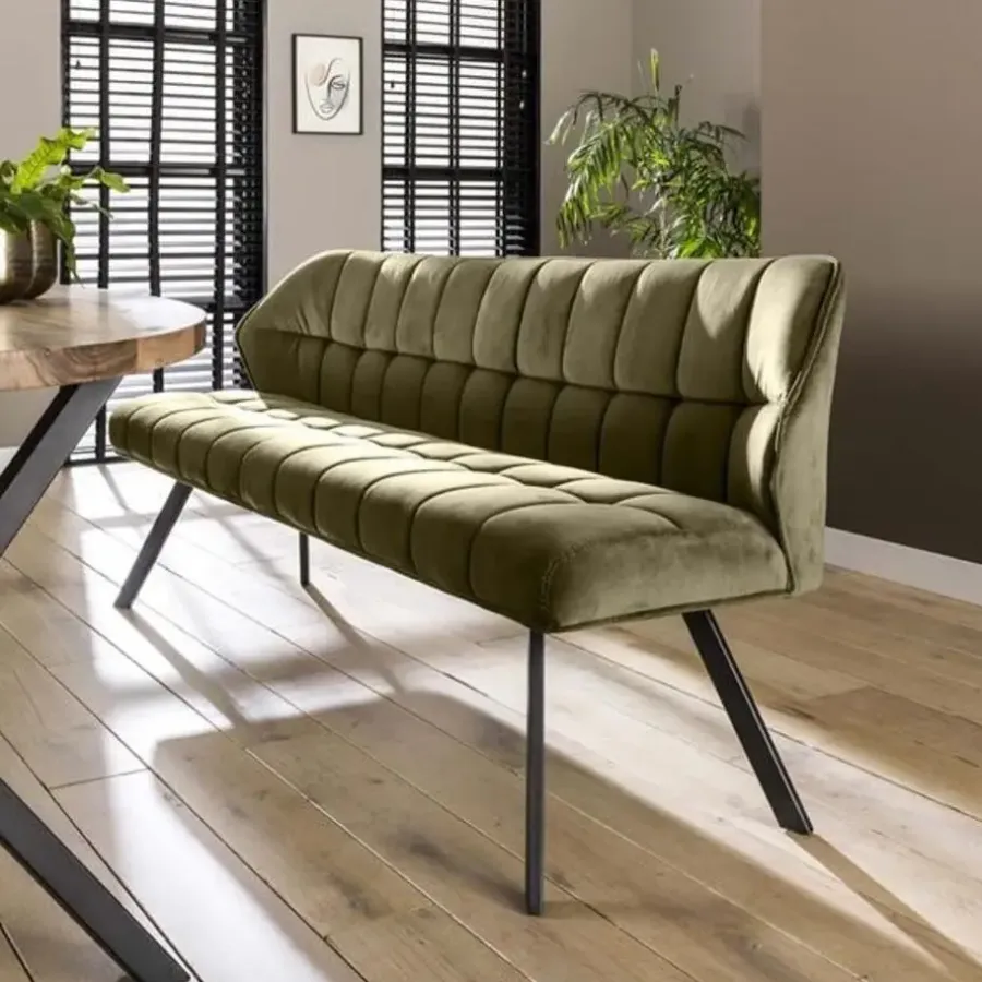 Dimehouse Industriële eetkamerbank Romy velvet 180 cm groen - 190x190x84 cm - Stof - Groen