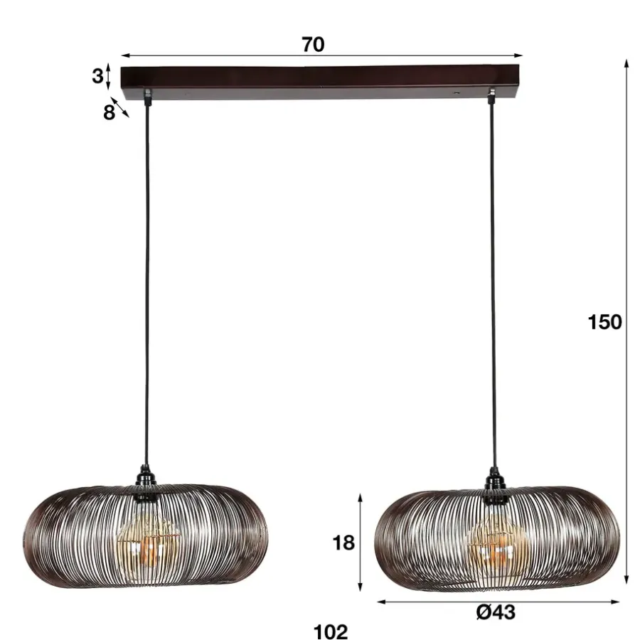 Dimehouse Industriële hanglamp Jill 2-lichts koper bruin - 43x102x150 cm - Nikkel - Zwart