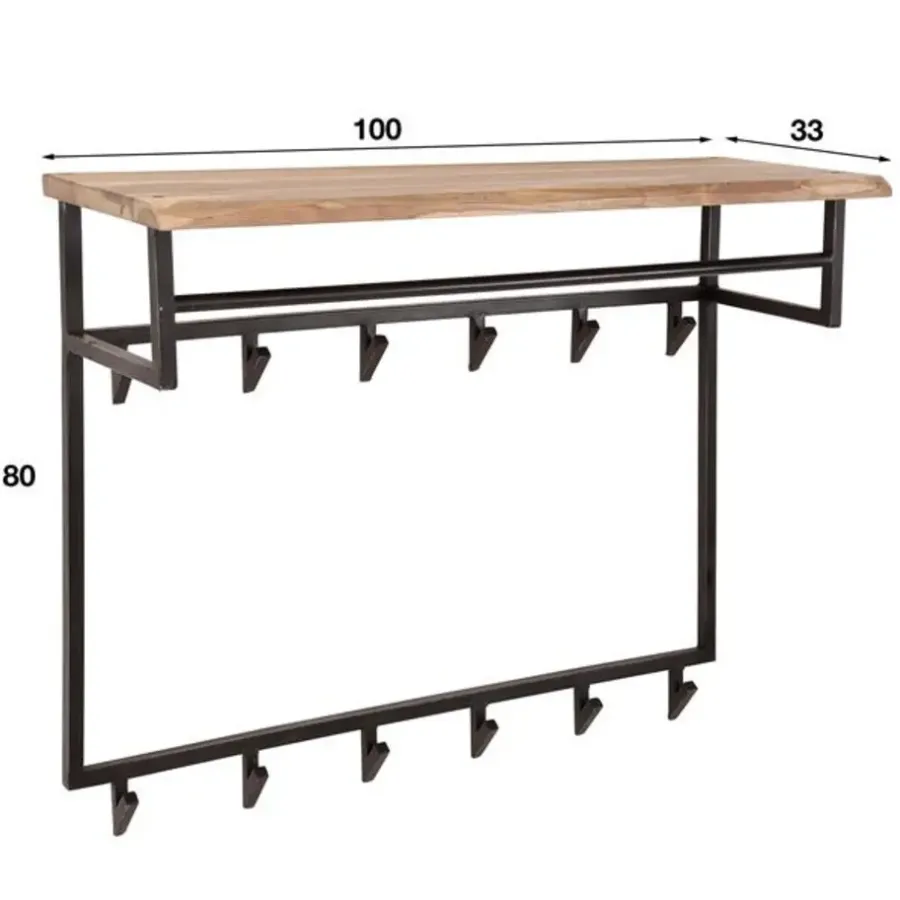 Kapstokken-Dimehouse Industriële Kapstok Teun 12 haken acaciahout - 33x100x80 cm - Hout - Bruin