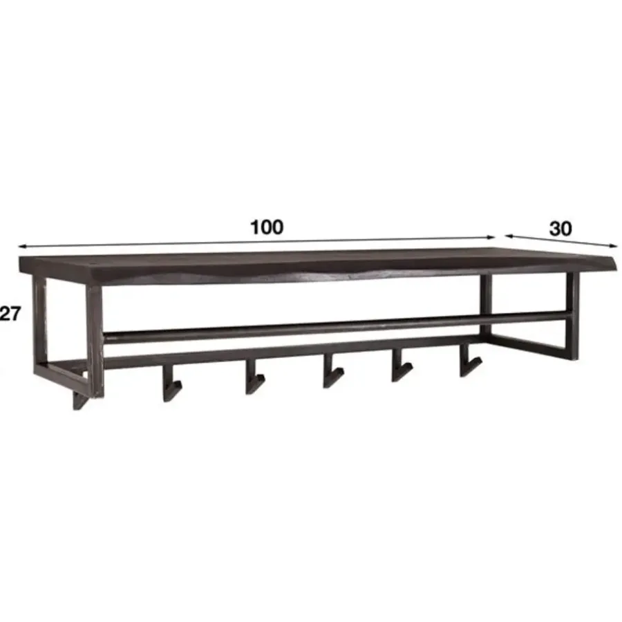 Dimehouse Industriële kapstok Yme acaciahout metaal - 30x100x27 cm - Hout - Bruin