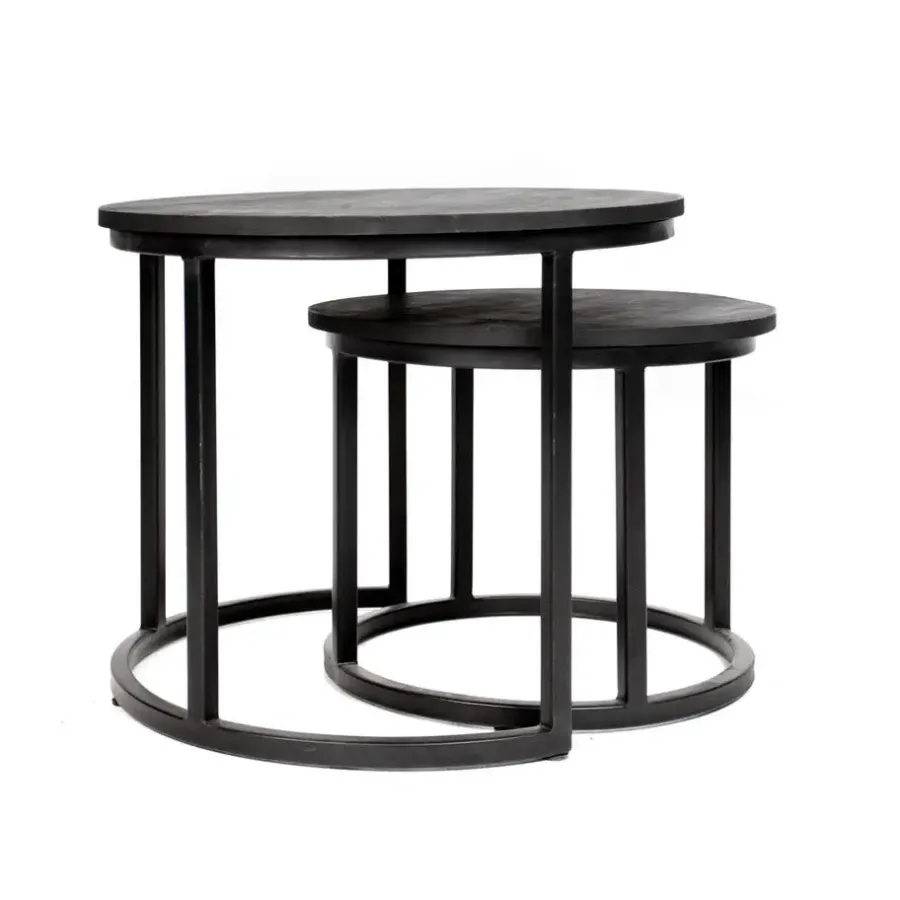 Dimehouse Industriële salontafel set van 2 Rosa zwart - 54x54x44 cm - Mangohout - Zwart