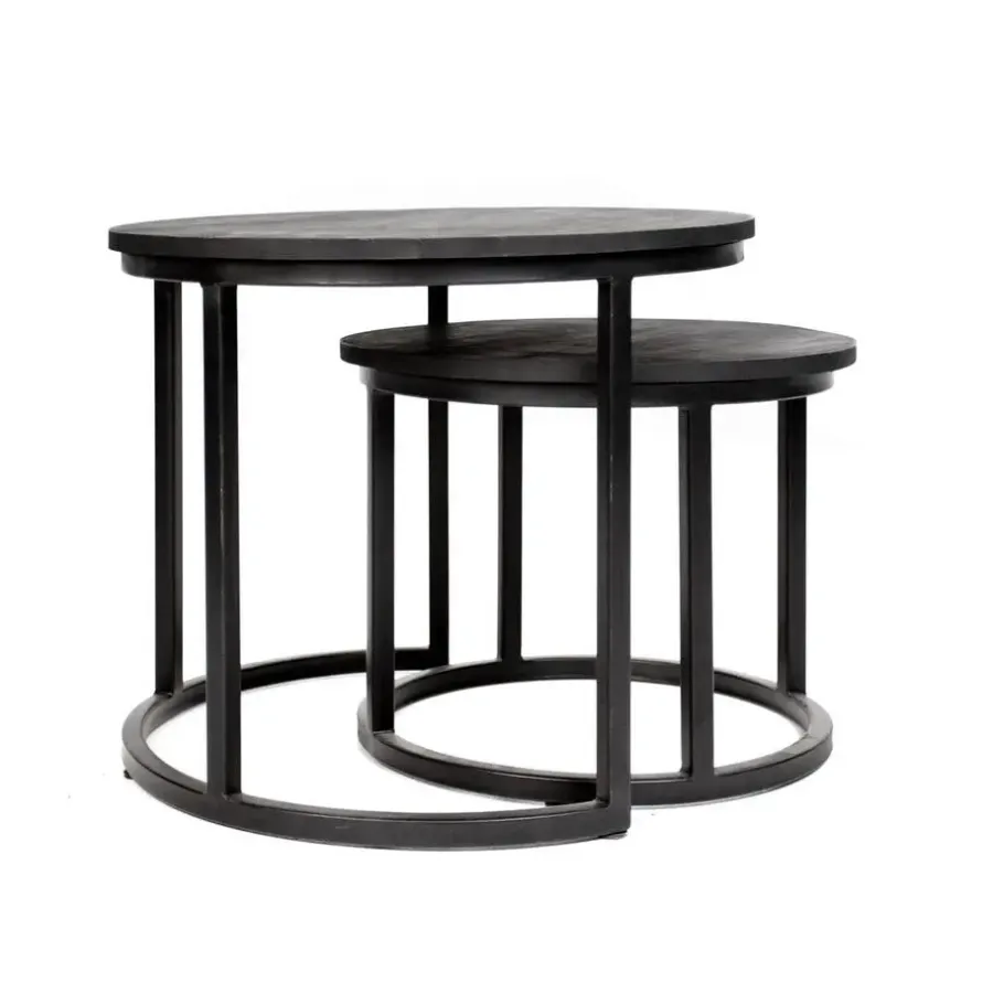 Dimehouse Industriële salontafel set van 2 Rosa zwart - 54x54x44 cm - Mangohout - Zwart