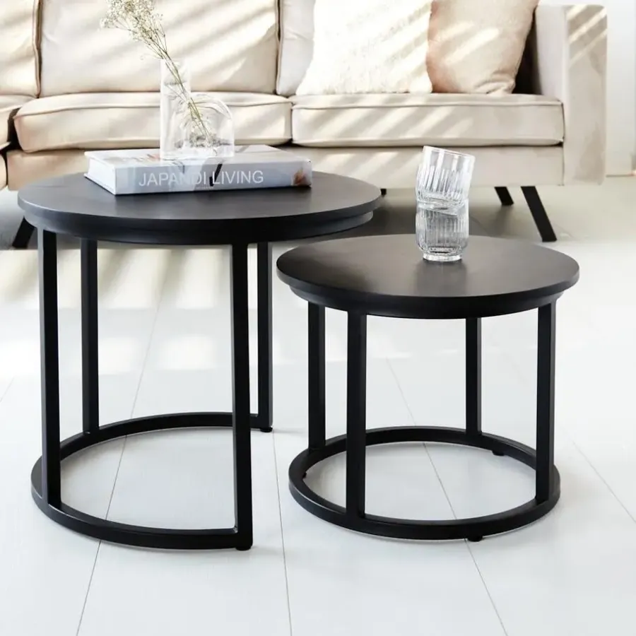 Dimehouse Industriële salontafel set van 2 Rosa zwart - 54x54x44 cm - Mangohout - Zwart
