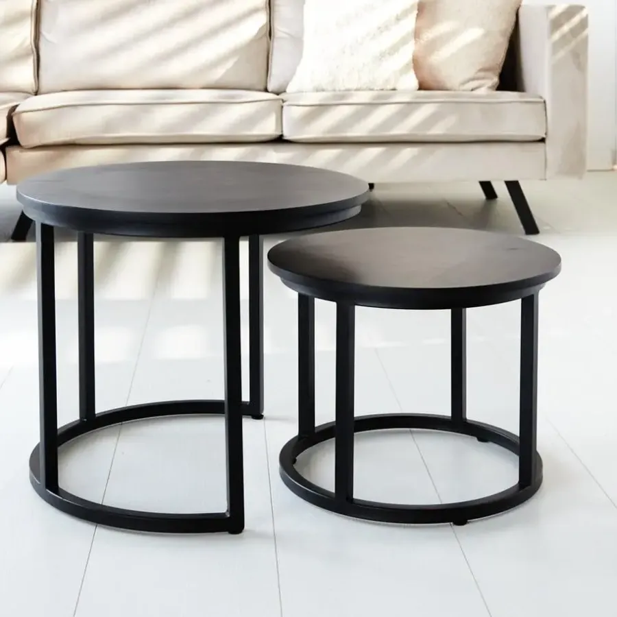 Dimehouse Industriële salontafel set van 2 Rosa zwart - 54x54x44 cm - Mangohout - Zwart