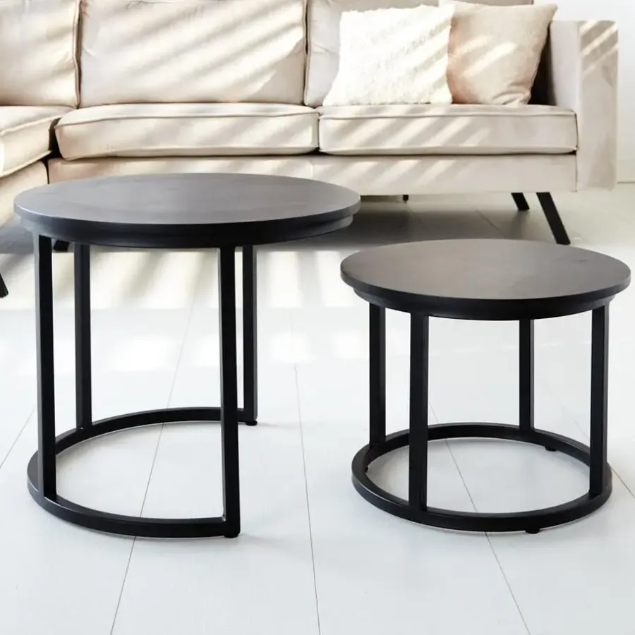 Dimehouse Industriële salontafel set van 2 Rosa zwart - 54x54x44 cm - Mangohout - Zwart