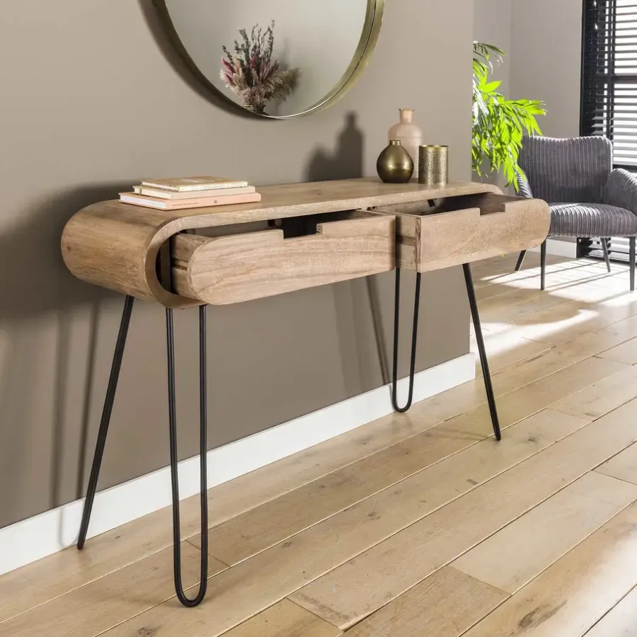Sidetables-Dimehouse Industriële sidetable Jasmine 2 lades mangohout 30x120x76 cm Mangohout
