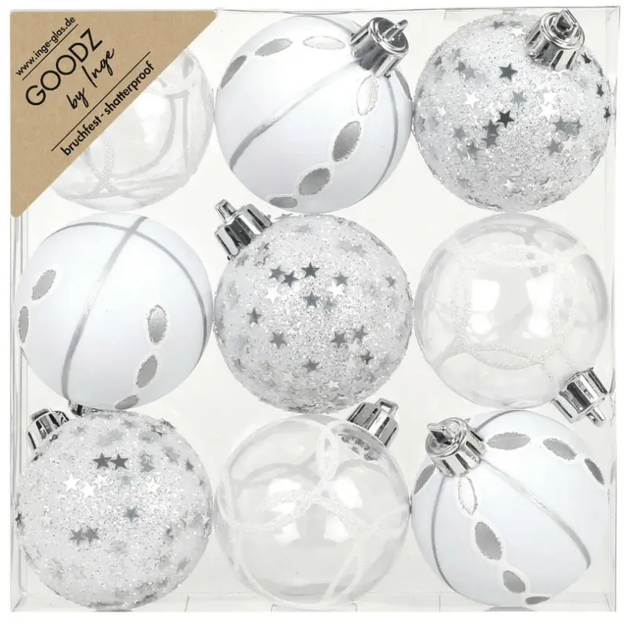 Kerstballen|Kerstdecoratie-Inge-glas Inge Christmas Goodz kerstballen 9x - 6 cm -kunststof -zilver/wit