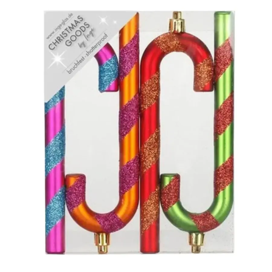 Kerstballen|Kerstdecoratie-Inge-glas Inge goods Kersthangers - 4x - zuurstokken - gekleurd - 14 cm
