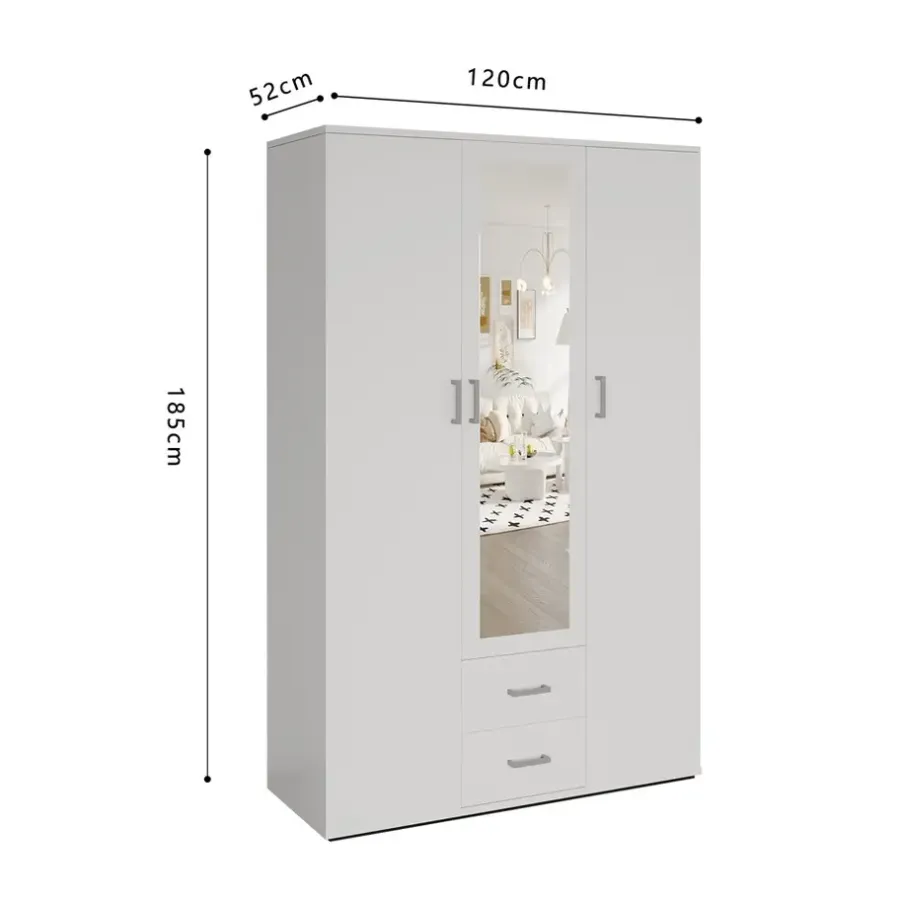 Interiax Kledingkast 'Lena' - Wit - 3 Deurs - 185x120x52cm