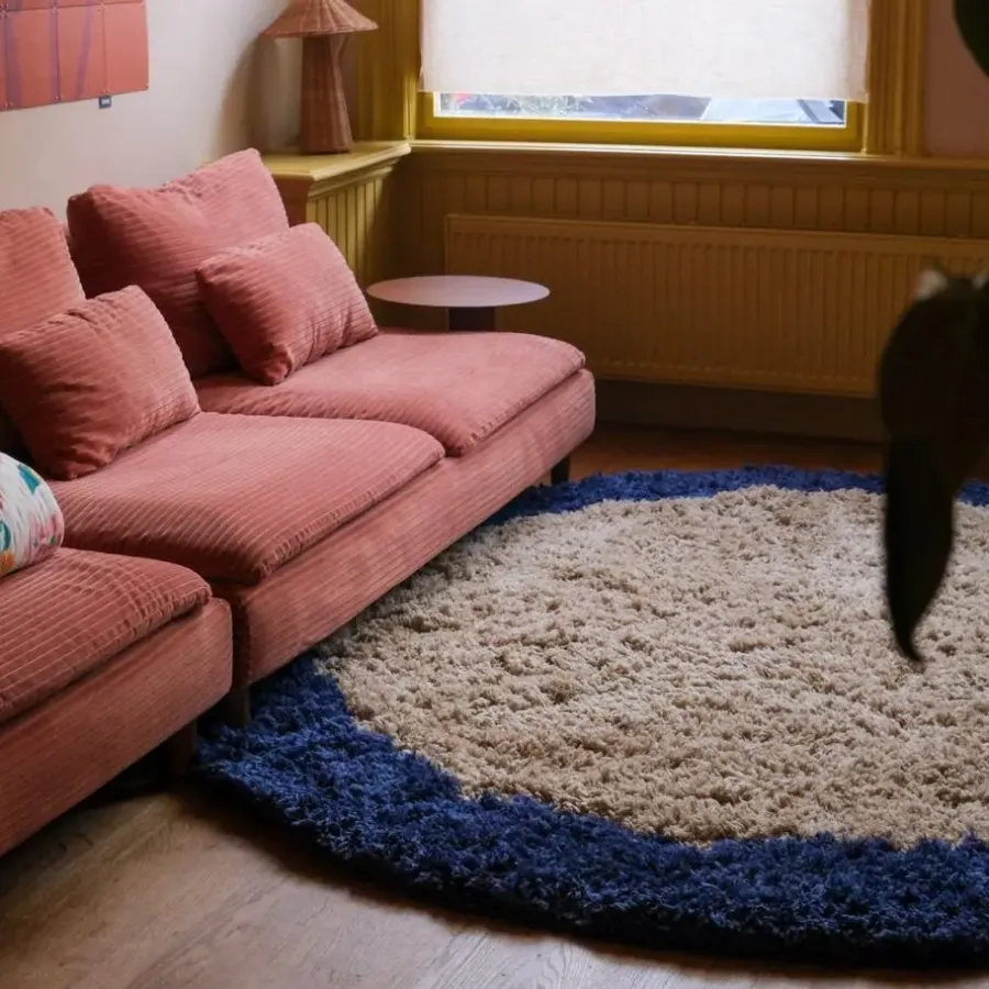 Ronde Vloerkleden-Interieur05 rond hoogpolig vloerkleed polyester Pilo beige/blauw - 240 x 240 cm