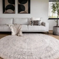 Laagpolige Vloerkleden|Ronde Vloerkleden-Interieur05 rond vintage Aila vloerkleed zand/beige - 190 x 190 cm