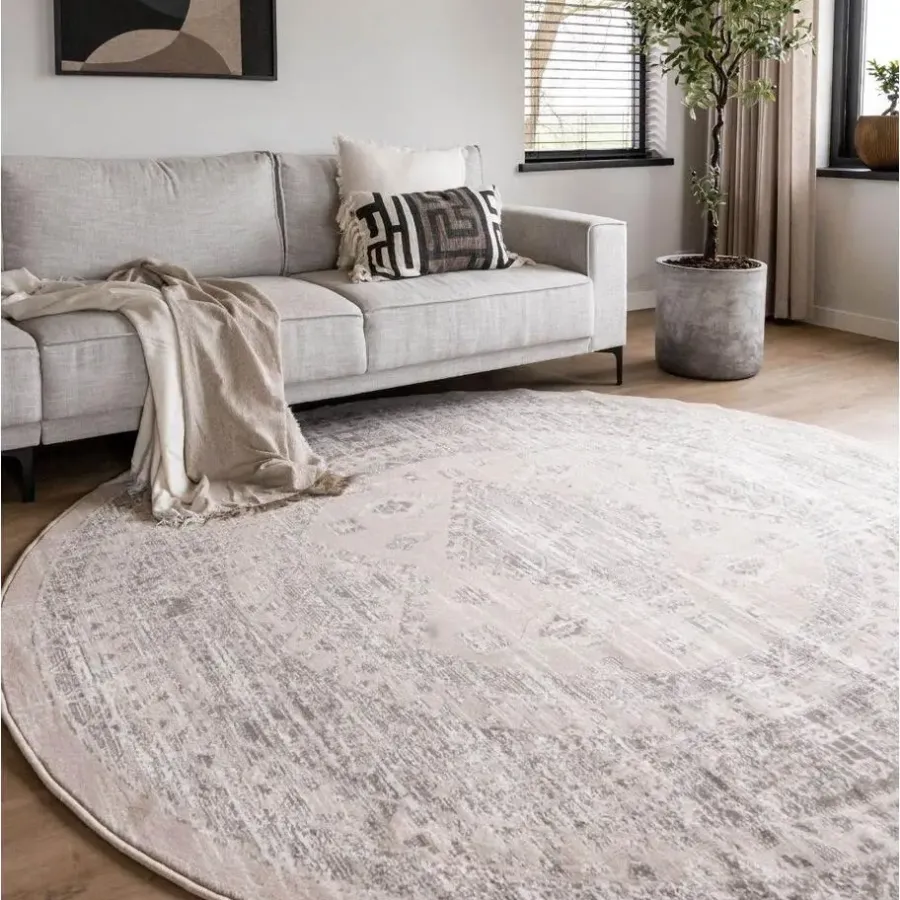 Laagpolige Vloerkleden|Ronde Vloerkleden-Interieur05 rond vintage Aila vloerkleed zand/beige - 160 x 160 cm