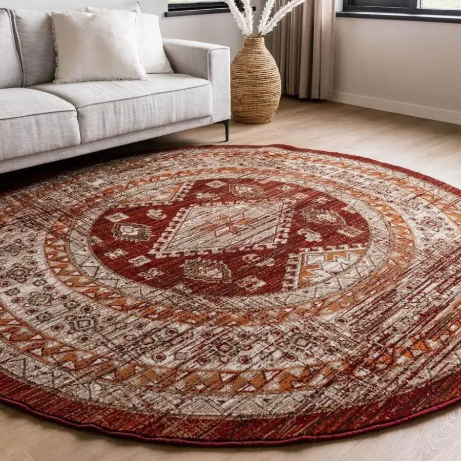 Interieur05 rond vintage vloerkleed Aila rood/oranje - 190 x 190 cm