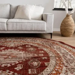 Interieur05 rond vintage vloerkleed Aila rood/oranje - 190 x 190 cm