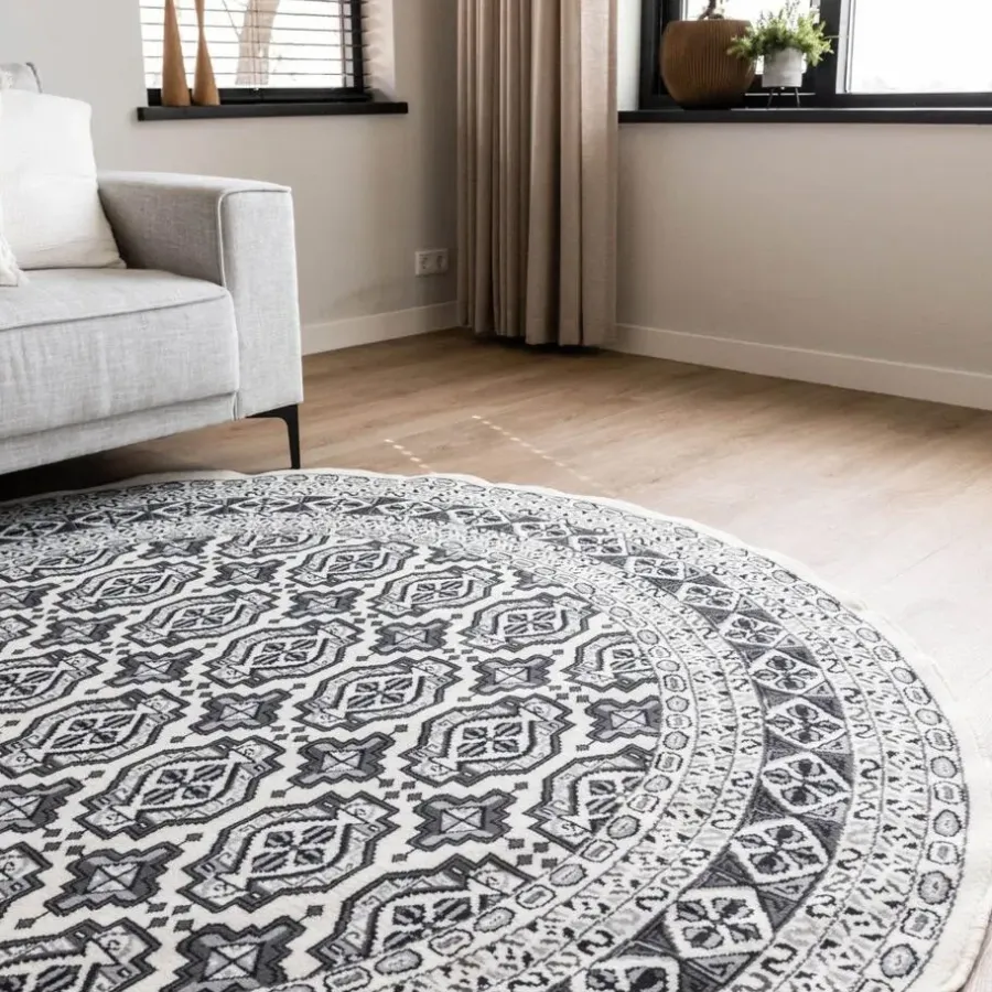 Laagpolige Vloerkleden|Ronde Vloerkleden-Interieur05 rond vintage vloerkleed Marad grijs/Aantraciet - 200 x 200 cm