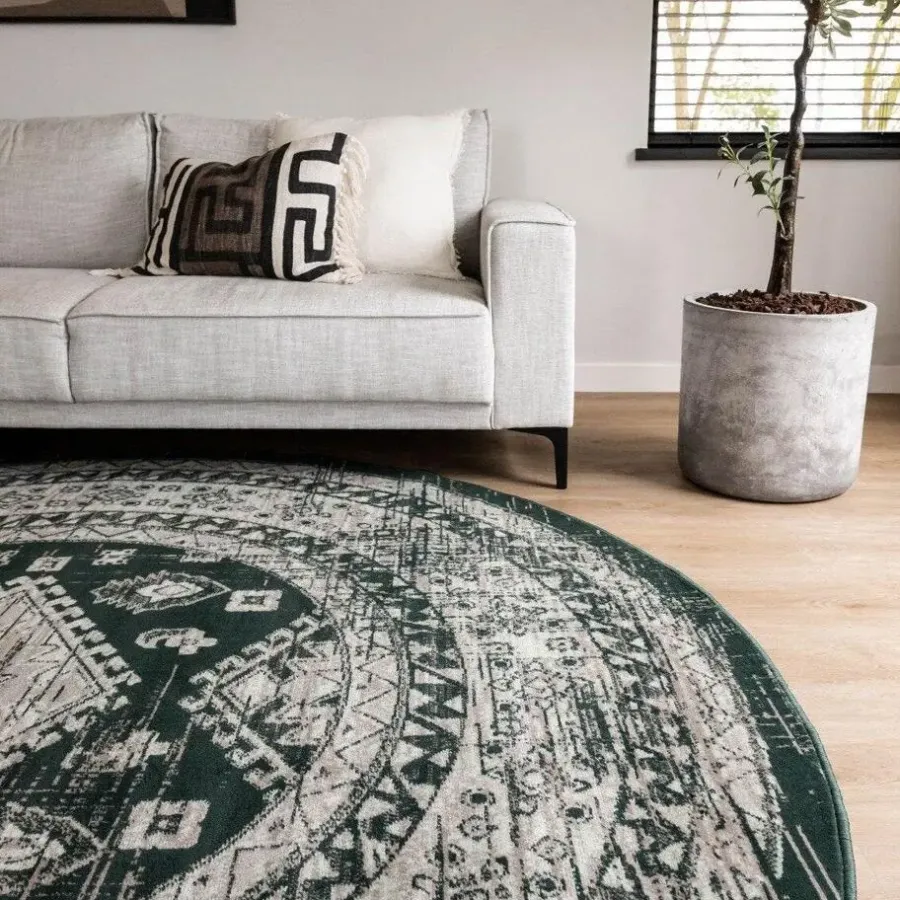 Vloerkleden|Laagpolige Vloerkleden-Interieur05 rond vintage vloerkleed Aila groen - 240 x 240 cm