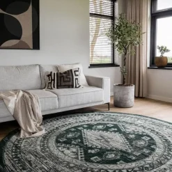 Vloerkleden|Laagpolige Vloerkleden-Interieur05 rond vintage vloerkleed Aila groen - 240 x 240 cm