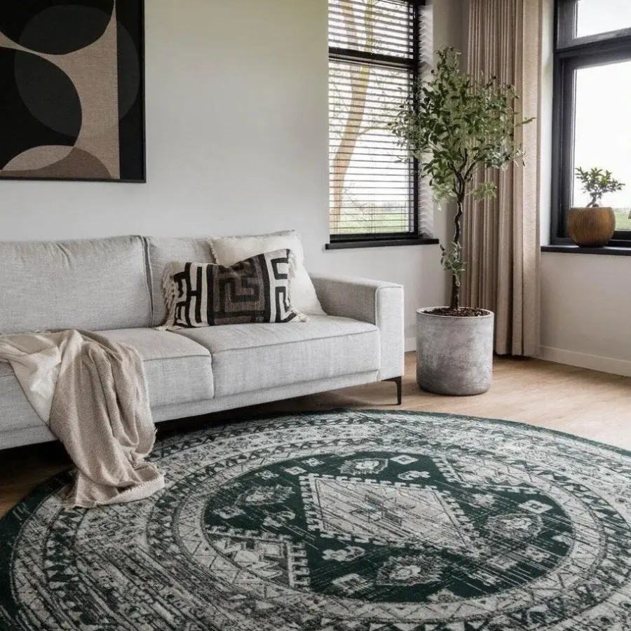 Vloerkleden|Laagpolige Vloerkleden-Interieur05 rond vintage vloerkleed Aila groen - 240 x 240 cm