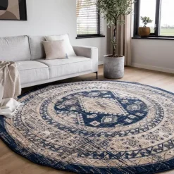 Interieur05 rond vintage vloerkleed Aila blauw - 190 x 190 cm