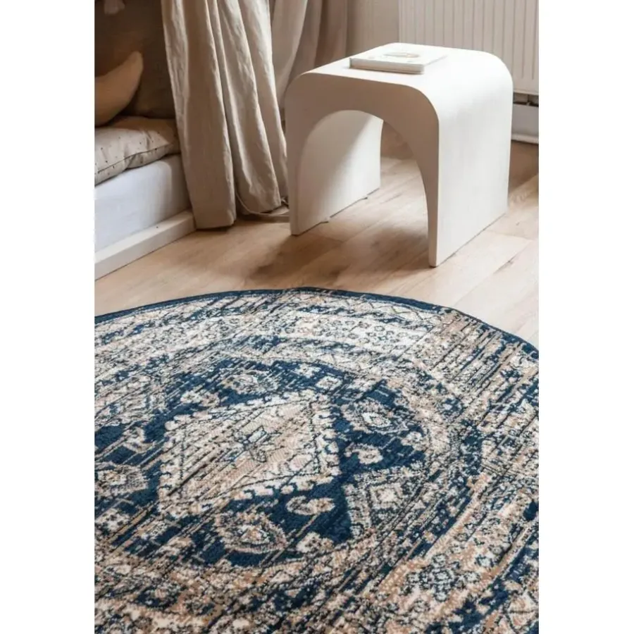Interieur05 rond vintage vloerkleed Aila blauw - 190 x 190 cm