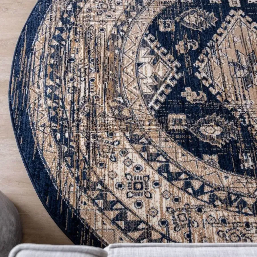 Interieur05 rond vintage vloerkleed Aila blauw - 190 x 190 cm