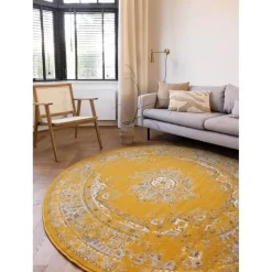 Ronde Vloerkleden-Interieur05 rond vloerkleed Keshan geel - 190 x 190 cm