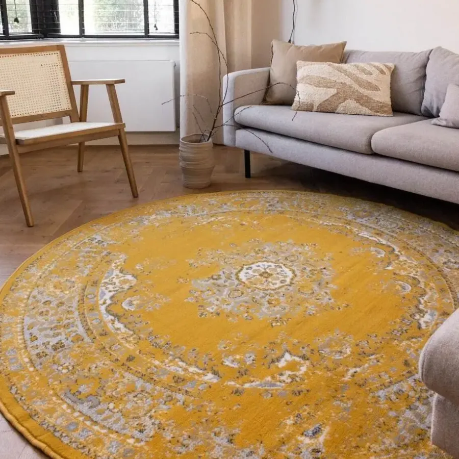 Ronde Vloerkleden-Interieur05 rond vloerkleed Keshan geel - 190 x 190 cm