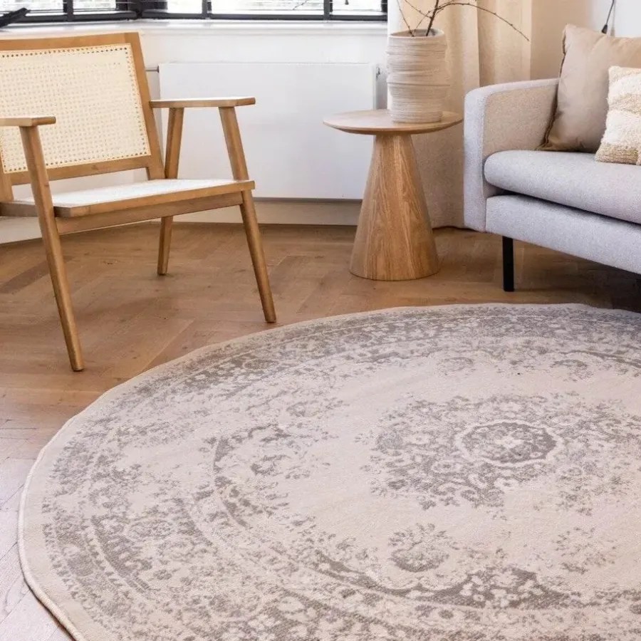 Interieur05 rond vloerkleed Keshan zand/beige - 120 x 120 cm