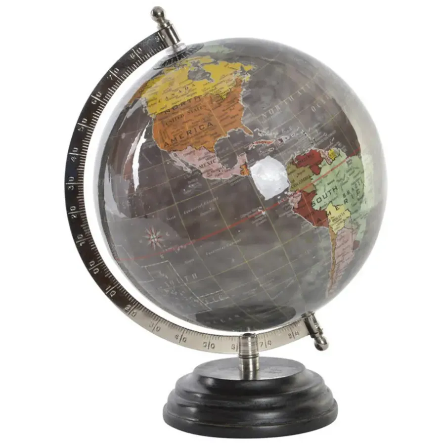 Beelden-Items Deco Wereldbol/globe op voet - kunststof - grijs - 20 x 28 cm