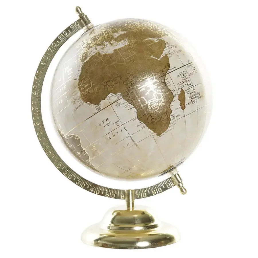 Beelden-Items Deco Wereldbol/globe op voet - kunststof - creme/goud - 20 x 30 cm