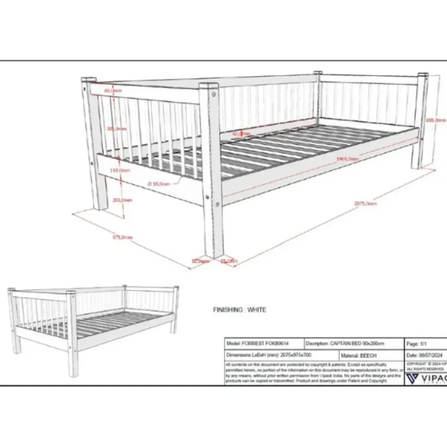 Vipack Kajuitbed Forrest 90x200 cm - massief beukenhout - wit