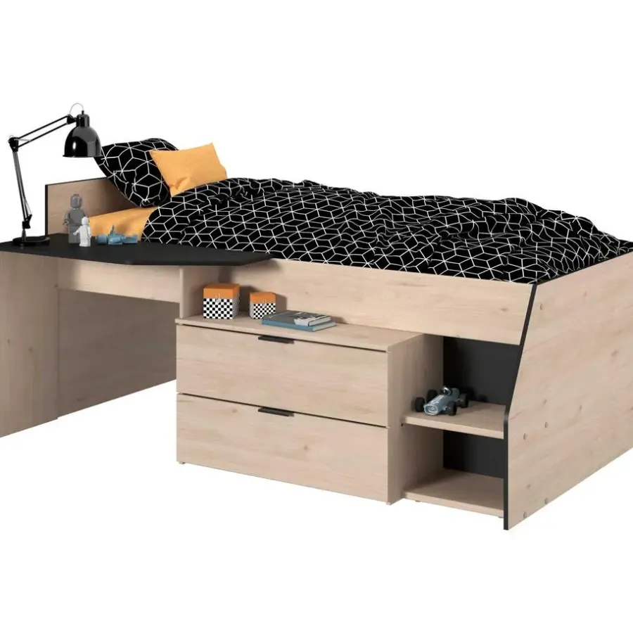 Parisot Kajuitbed Milky met bureau en lades - zwart/eik