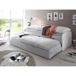 1-Persoons Bedden-Emob Kajuitbed Nasri 90x200 met bedlade - wit