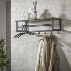 Kapstokken-Giga Living Kapstok - Zwart Metaal - 80x30x24cm - 6-Haken - Roede