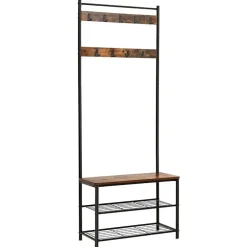 Kapstokken-Merkloos Kapstok met 9 Haken en Schoenenrek - 70x32x175cm - Zwart en Vintage bruin