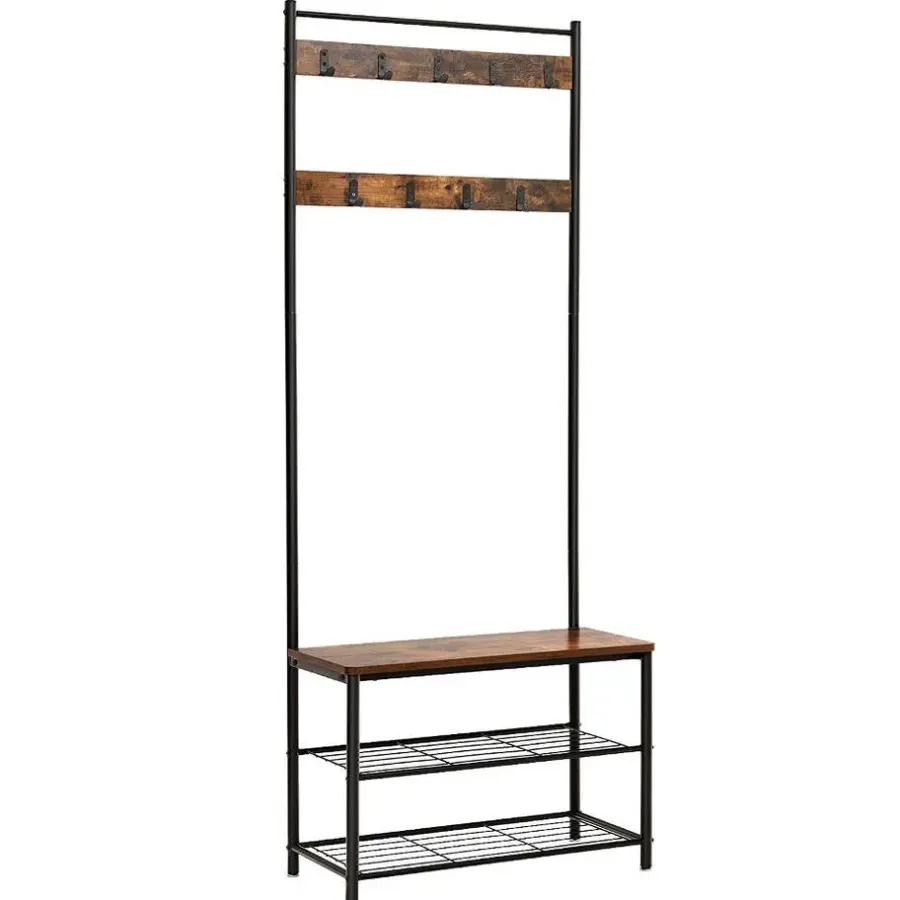 Kapstokken-Merkloos Kapstok met 9 Haken en Schoenenrek - 70x32x175cm - Zwart en Vintage bruin