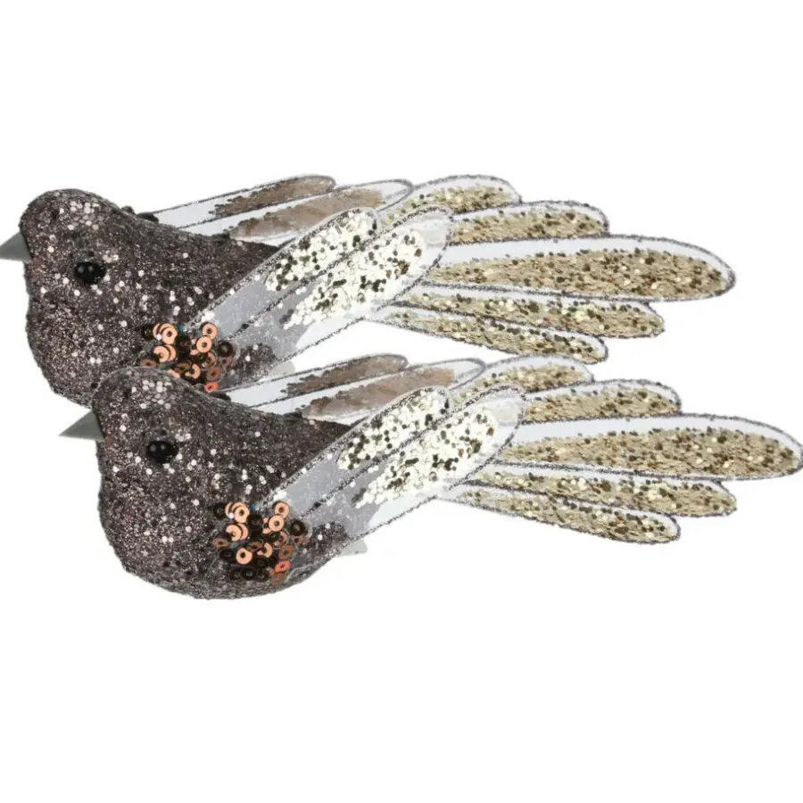Kerstdecoratie-Merkloos Kerstboomversiering Vogel - 2x stuks - 10 cm - Bruin glitter
