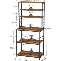 Wandkasten-Vasagle Keukenkast - Keukenrek staand - Industrieel - Bruin - Zwart - 80 x 40 x 167 cm