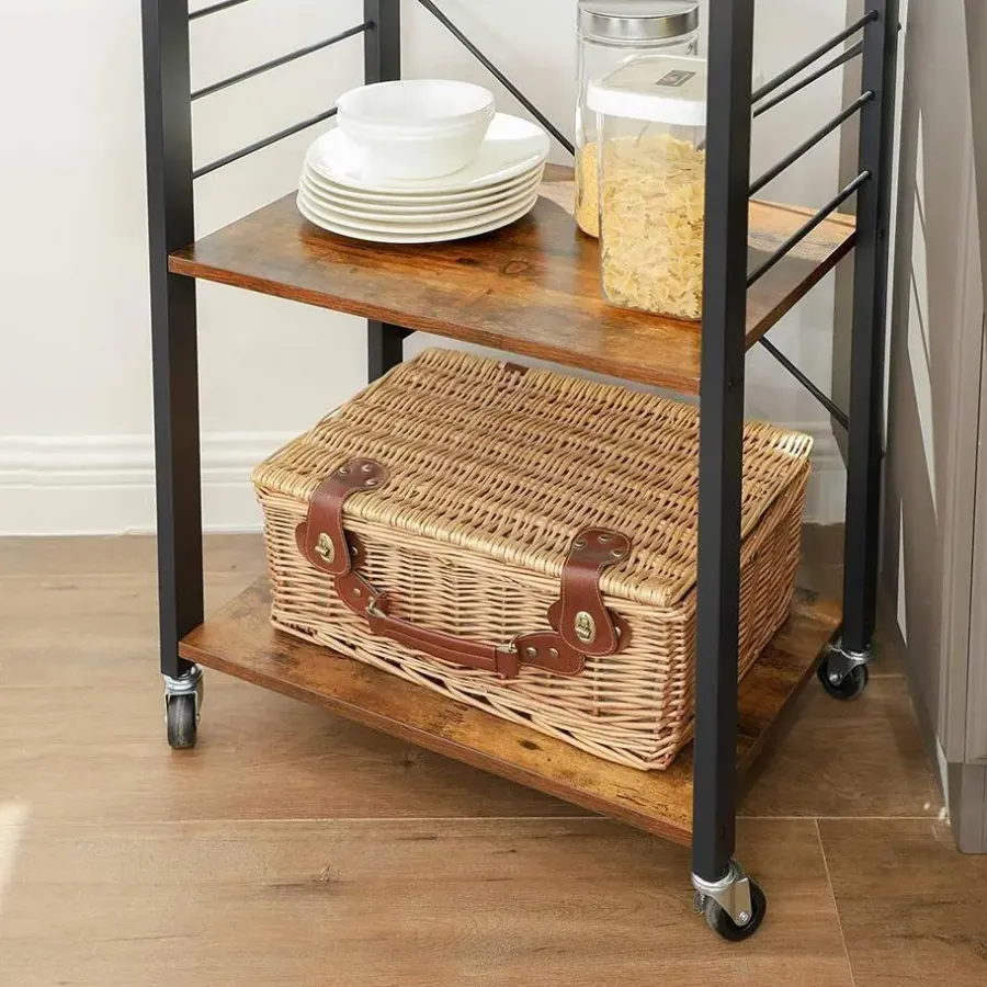 Merkloos Keukentrolley - 3 niveaus - 6 haken - 60x89x40 cm - vintage bruin