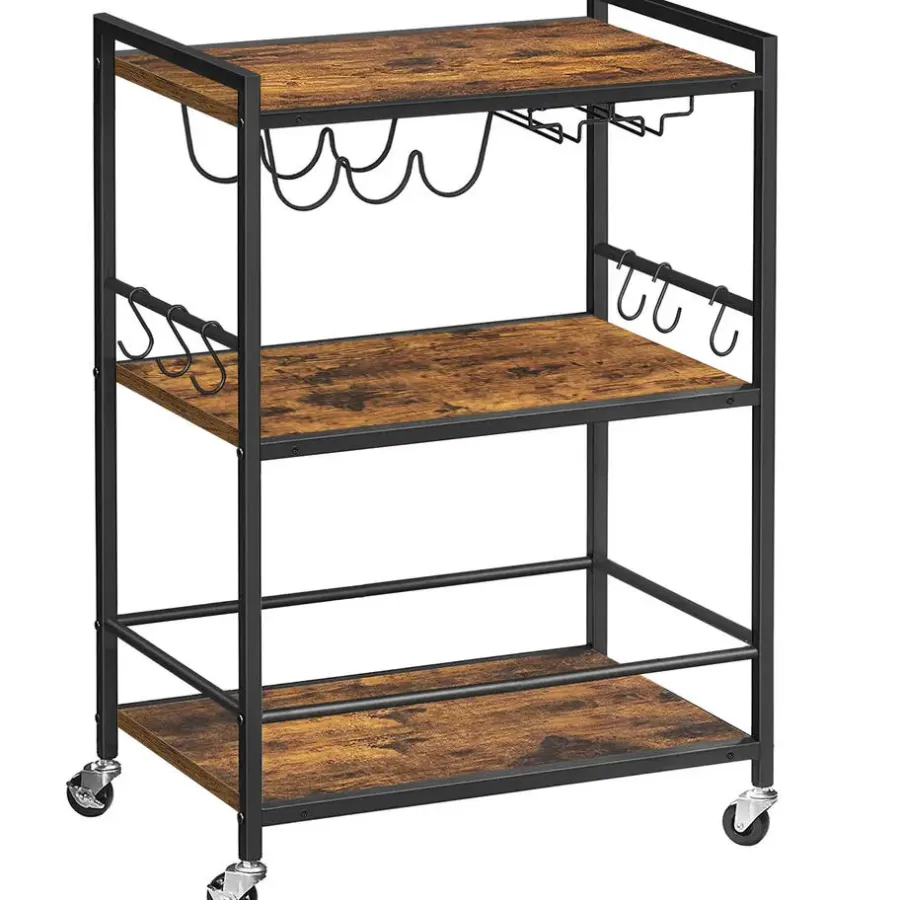 Trolleys-Merkloos Keukentrolley op Wieltjes - Serveerwagen - Bijzettafel - 3 planken - Bruin