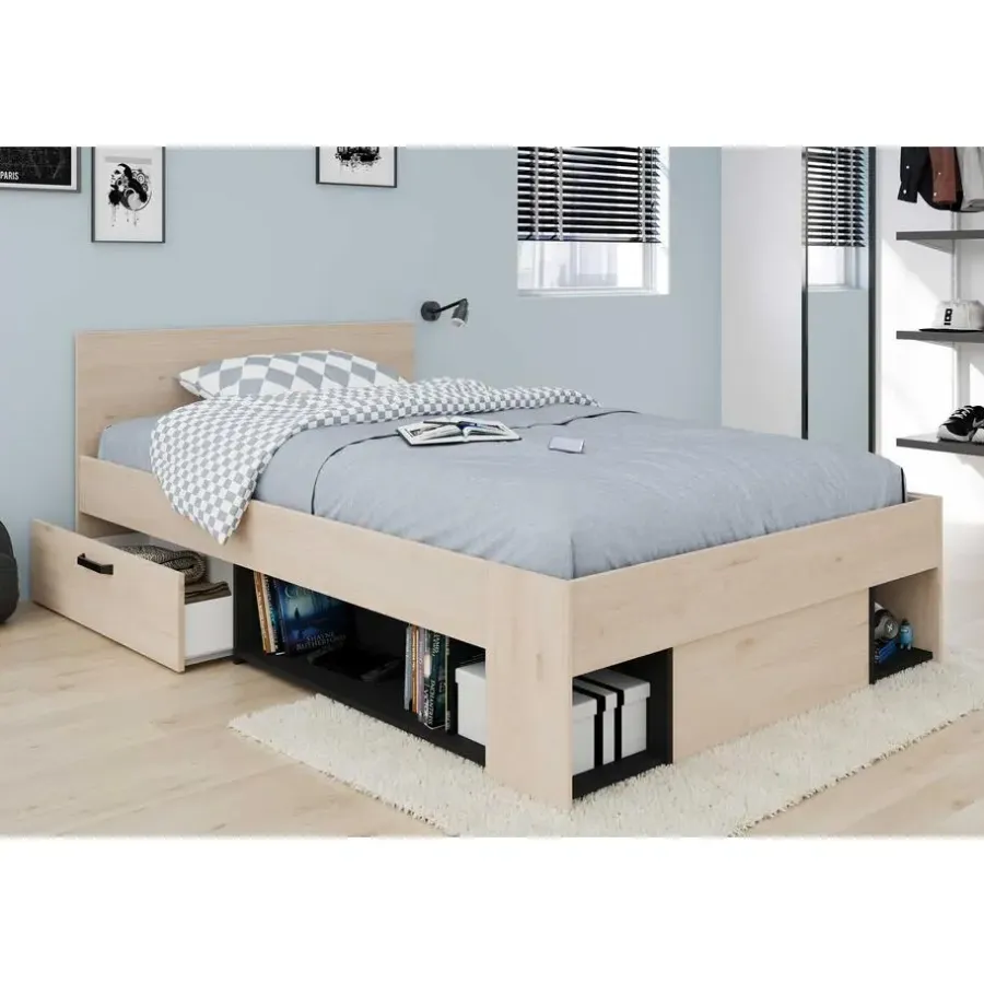 Kinderbedden-Parisot Kinderbed Achiel - 120x200/190cm - met opbergruimte - eikdecor/zwart