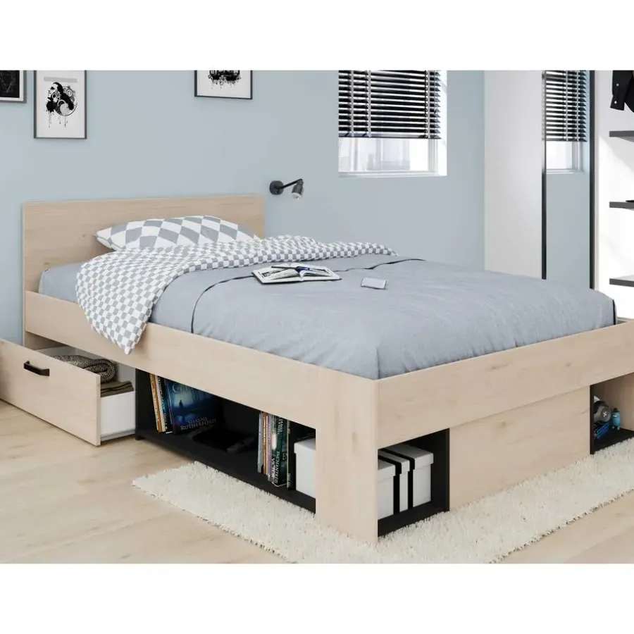 Kinderbedden-Parisot Kinderbed Achiel - 120x200/190cm - met opbergruimte - eikdecor/zwart