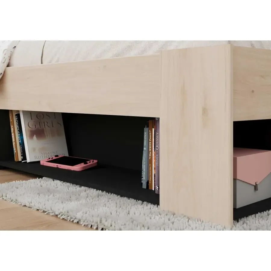 Kinderbedden-Parisot Kinderbed Achiel - 120x200/190cm - met opbergruimte - eikdecor/zwart